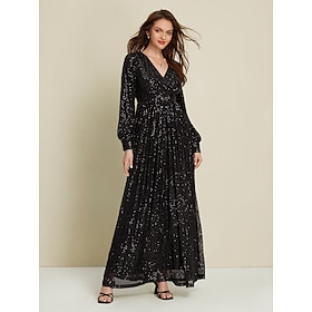 Black Sequin Party/Wedding Guest V Neck Long Sleeve Maxi Dress dress to impress 2024