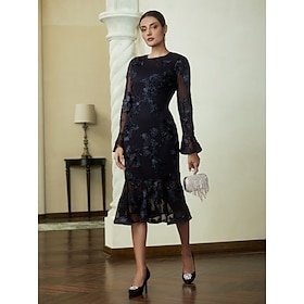 Embroidered Cocktail Long Sleeve Party Midi Dress